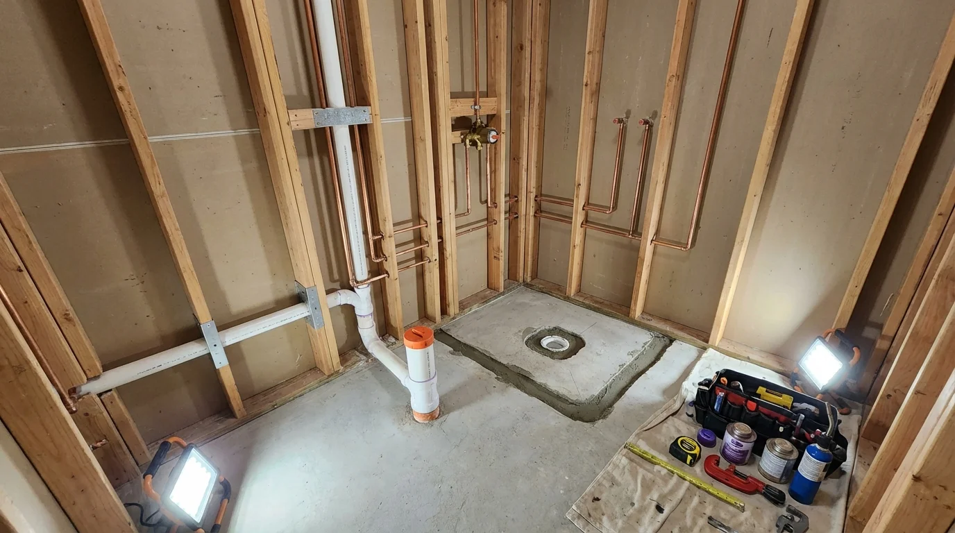 Bathroom rough-in plumbing during remodel by Johns Plumbing LLC in Snoqualmie