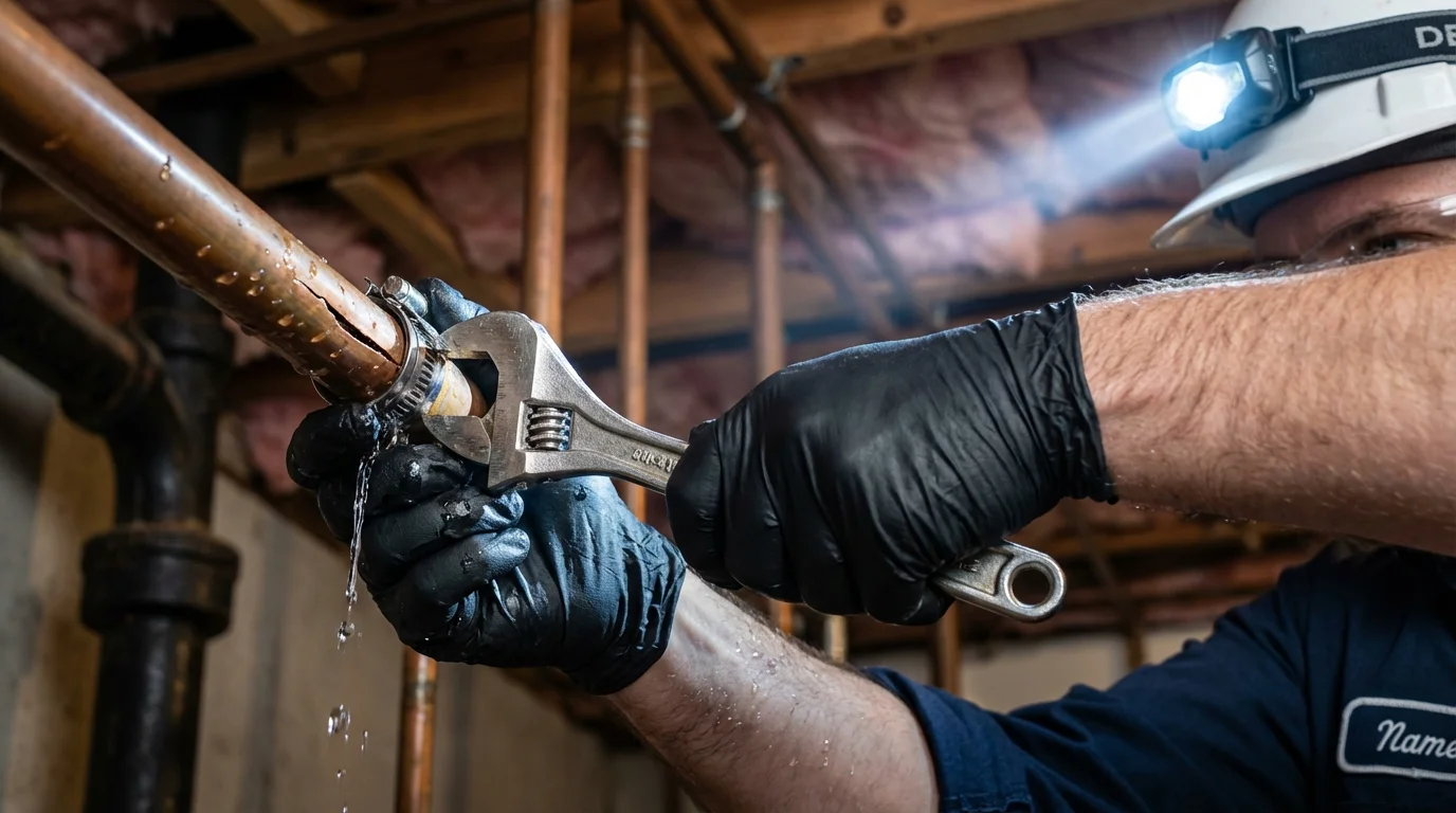 Emergency pipe clamp repair being performed by a Johns Plumbing LLC plumber in Snoqualmie