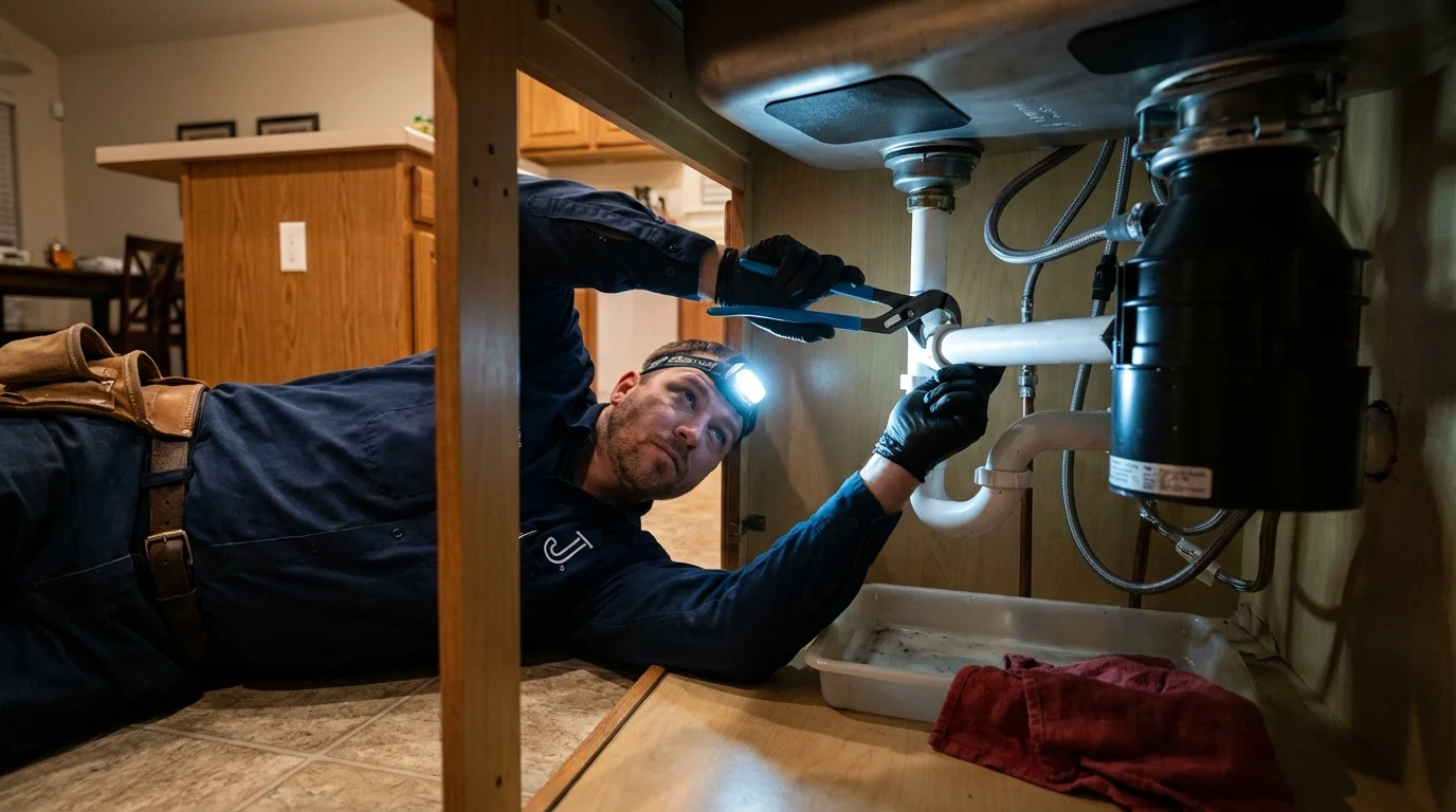 P-trap and supply line connections under a kitchen sink showing a common leak point in Snoqualmie, WA